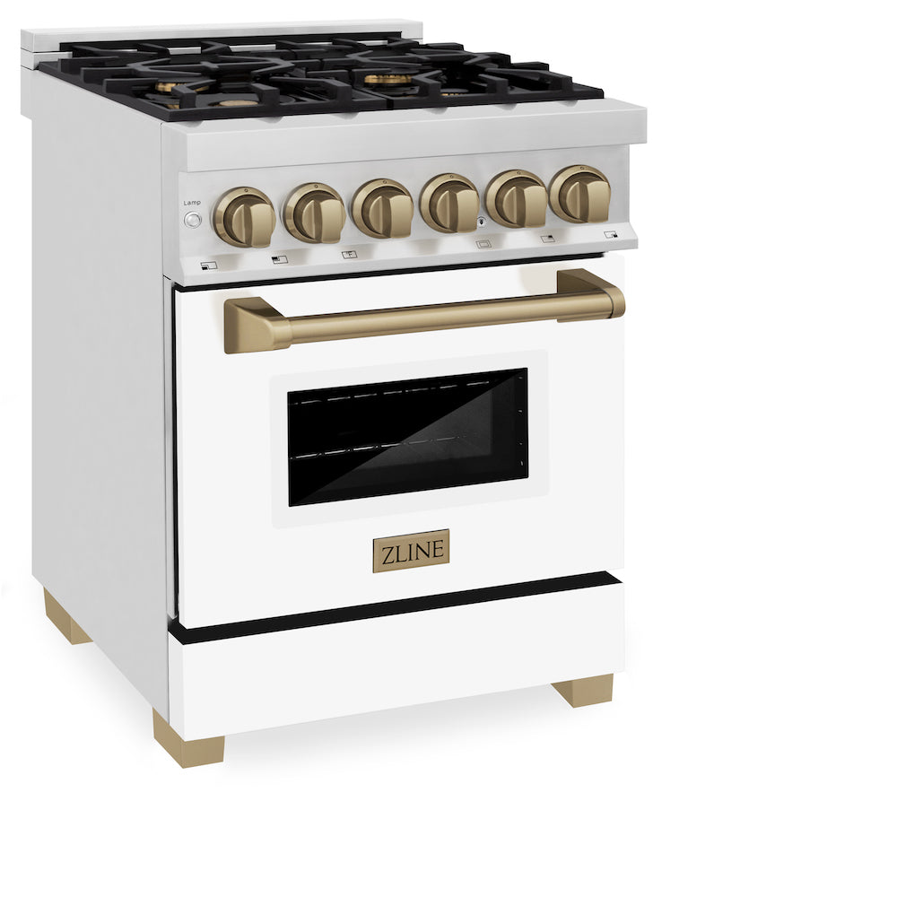 ZLINE Autograph Edition 24 in. 2.8 cu. ft. Dual Fuel Range with Gas Stove and Electric Oven in Stainless Steel with White Matte Door and Champagne Bronze Accents (RAZ-WM-24-CB)