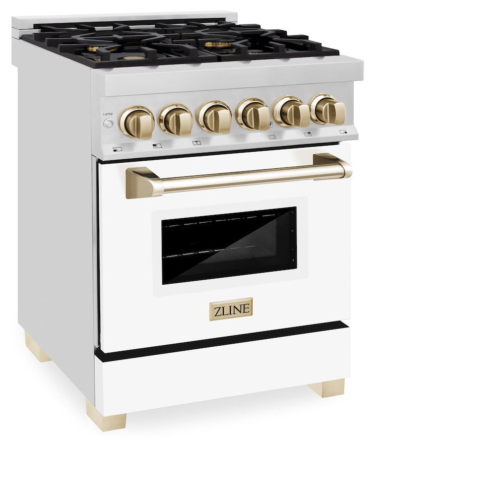 ZLINE Autograph Edition 24 in. 2.8 cu. ft. Dual Fuel Range with Gas Stove and Electric Oven in Stainless Steel with White Matte Door and Polished Gold Accents (RAZ-WM-24-G)
