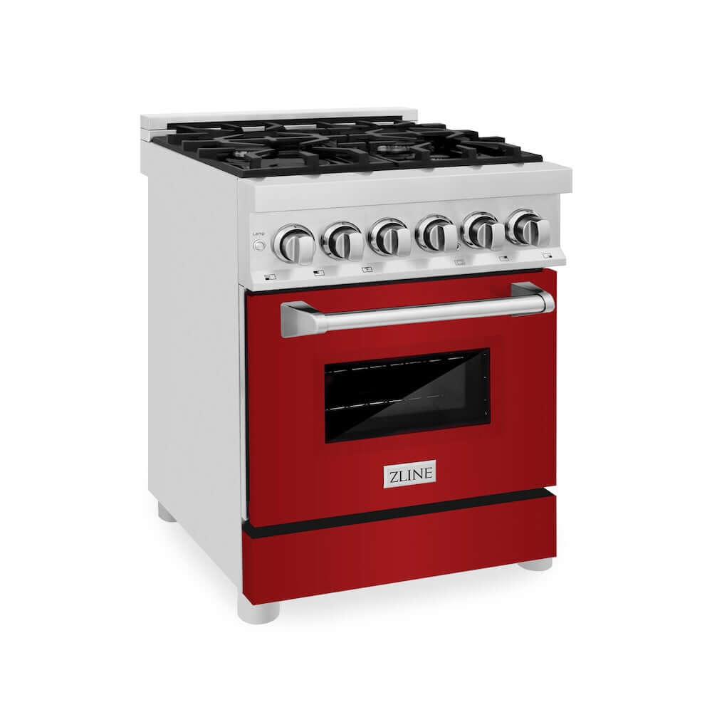 ZLINE 24 in. 2.8 cu. ft. Dual Fuel Range with Gas Stove and Electric Oven in Stainless Steel and Red Gloss Door (RA-RG-24)