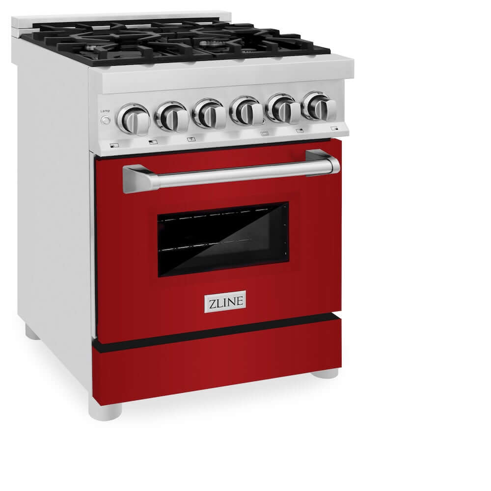 ZLINE 24 in. 2.8 cu. ft. Dual Fuel Range with Gas Stove and Electric Oven in Stainless Steel and Red Gloss Door (RA-RG-24)