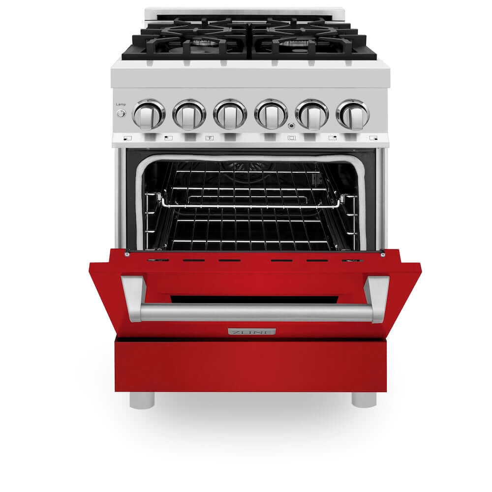 ZLINE 24 in. 2.8 cu. ft. Dual Fuel Range with Gas Stove and Electric Oven in Stainless Steel and Red Matte Door (RA-RM-24)