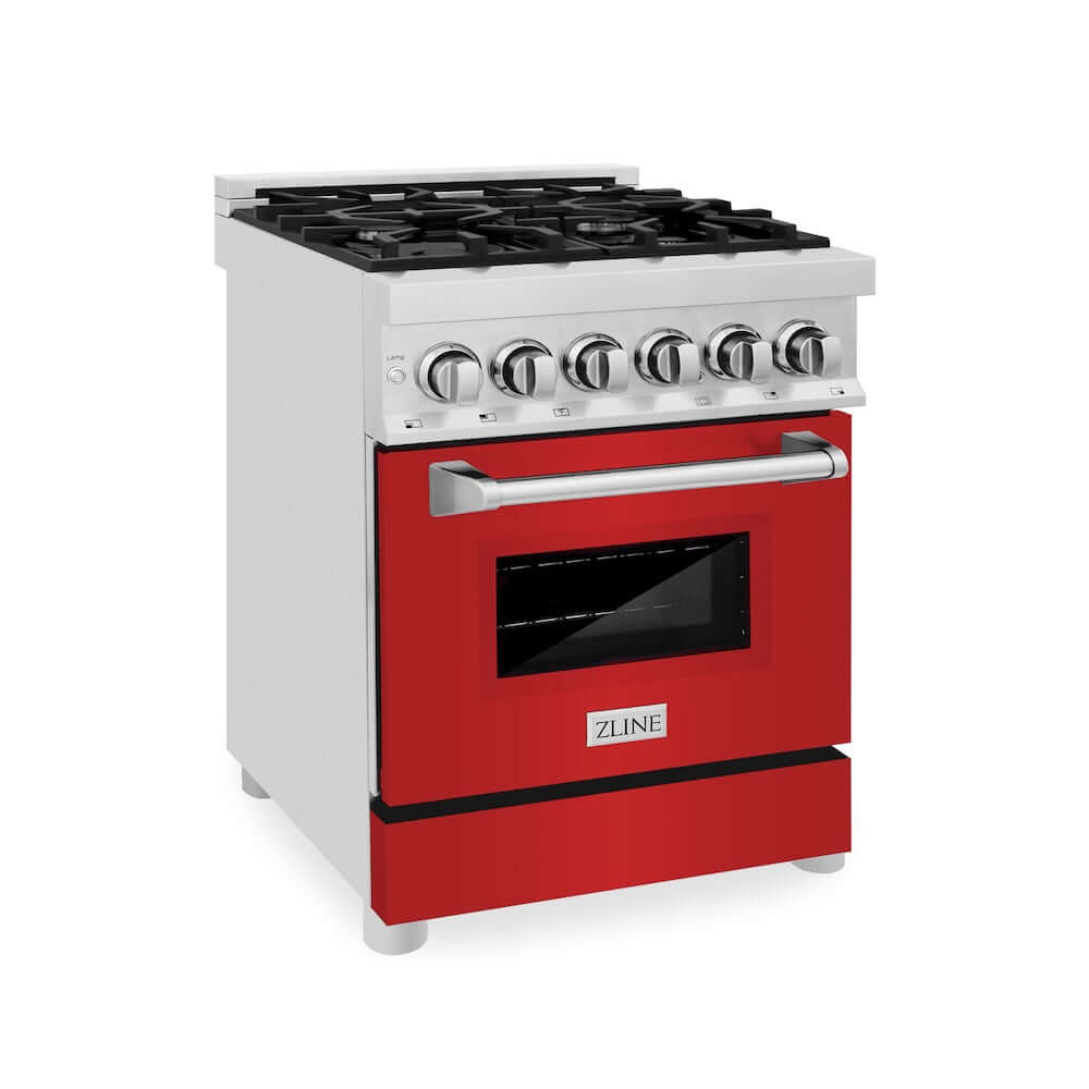ZLINE 24 in. 2.8 cu. ft. Dual Fuel Range with Gas Stove and Electric Oven in Stainless Steel and Red Matte Door (RA-RM-24)