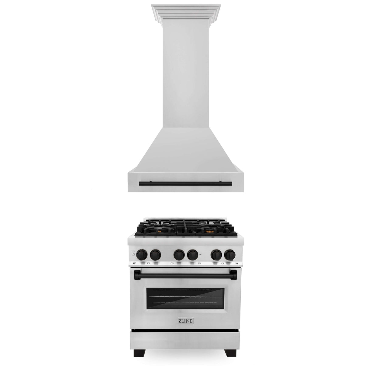 ZLINE 30 in. Autograph Edition Kitchen Package with Stainless Steel Dual Fuel Range and Range Hood with Matte Black Accents (2AKP-RARH30-MB)