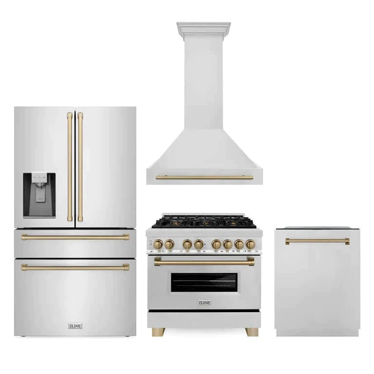 ZLINE 36 in. Autograph Edition Kitchen Package with Stainless Steel Dual Fuel Range, Range Hood, Dishwasher and Refrigeration Including External Water Dispenser with Champagne Bronze Accents (4AKPR-RARHDWM36-CB)