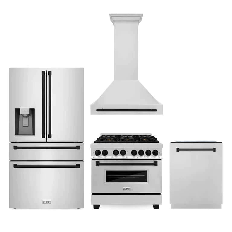 ZLINE 36 in. Autograph Edition Kitchen Package with Stainless Steel Dual Fuel Range, Range Hood, Dishwasher and Refrigeration Including External Water Dispenser with Matte Black Accents (4AKPR-RARHDWM36-MB)