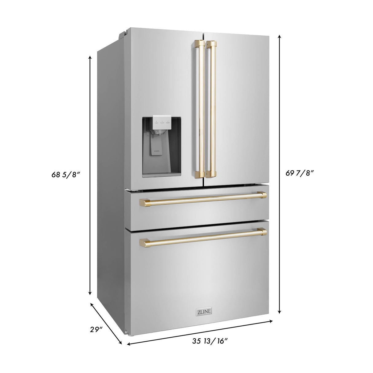 ZLINE 36 in. Autograph Edition Kitchen Package with Stainless Steel Dual Fuel Range, Range Hood, Dishwasher and Refrigeration Including External Water Dispenser with Polished Gold Accents (4AKPR-RARHDWM36-G)