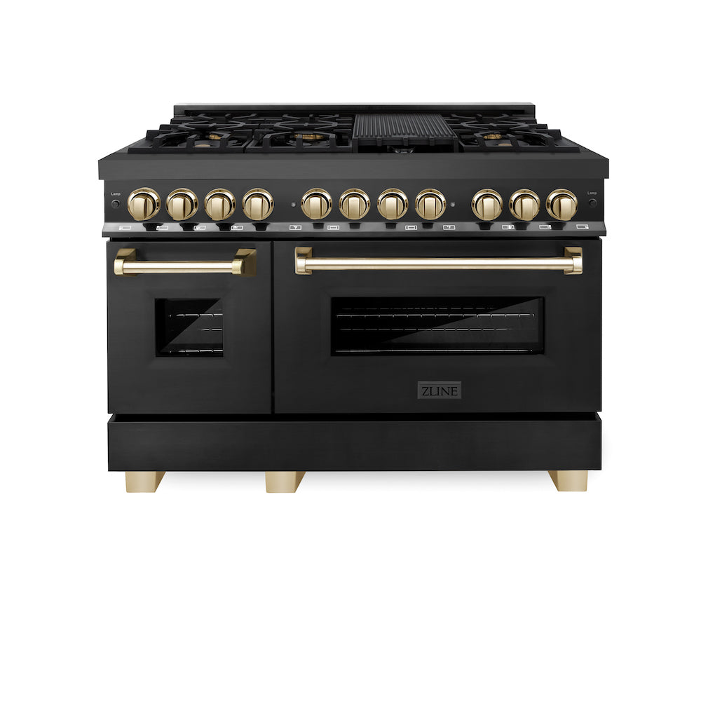 ZLINE Autograph Edition 48 in. 6.0 cu. ft. Dual Fuel Range with Gas Stove and Electric Oven in Black Stainless Steel with Polished Gold Accents (RABZ-48-G)
