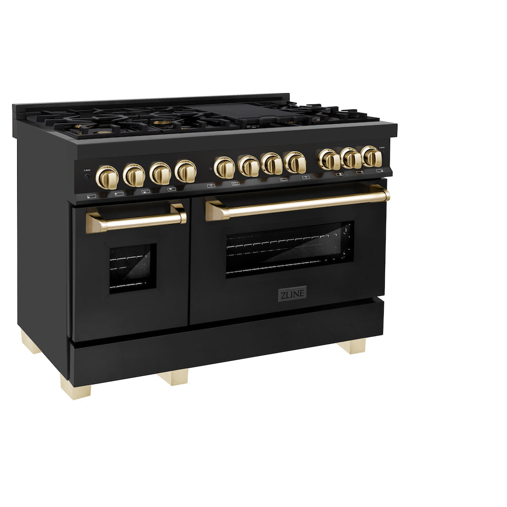 ZLINE Autograph Edition 48 in. 6.0 cu. ft. Dual Fuel Range with Gas Stove and Electric Oven in Black Stainless Steel with Polished Gold Accents (RABZ-48-G)