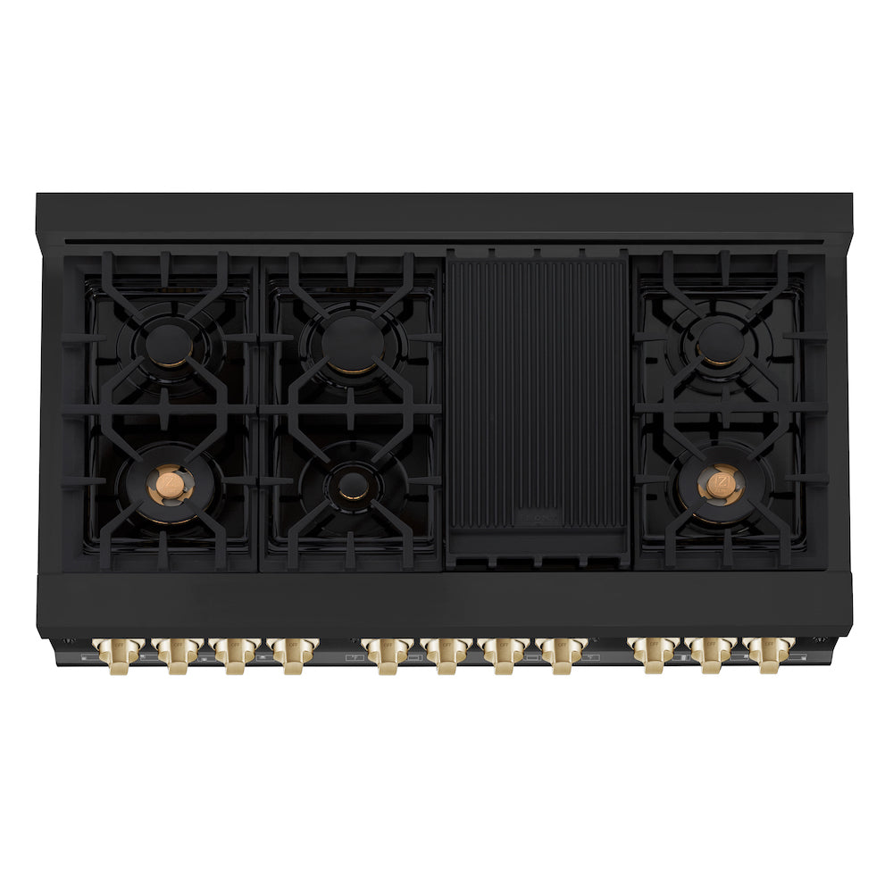 ZLINE Autograph Edition 48 in. 6.0 cu. ft. Dual Fuel Range with Gas Stove and Electric Oven in Black Stainless Steel with Polished Gold Accents (RABZ-48-G)