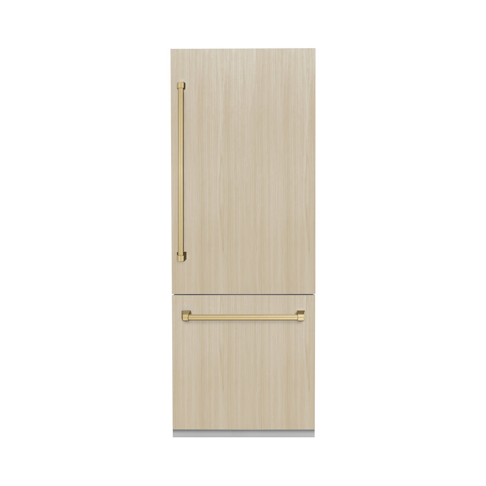 ZLINE Autograph Edition 30 in. 16.1 cu. ft. Panel Ready Built-in 2-Door Bottom Freezer Refrigerator with Internal Water and Ice Dispenser with Champagne Bronze Handles (RBIVZ-30-CB)
