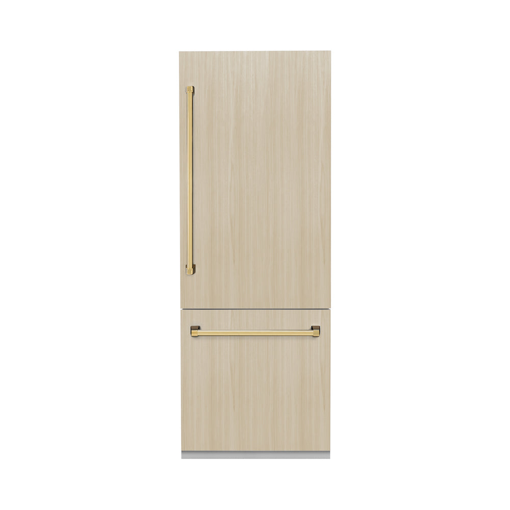ZLINE Autograph Edition 30 in. 16.1 cu. ft. Panel Ready Built-in 2-Door Bottom Freezer Refrigerator with Internal Water and Ice Dispenser with Polished Gold Handles (RBIVZ-30-G)