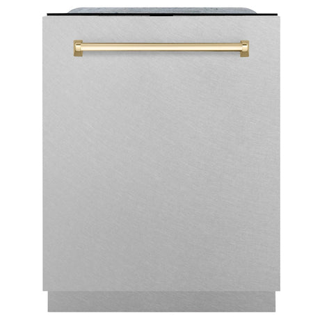 ZLINE Autograph Edition 24" 3rd Rack Top Control Tall Tub Dishwasher in Fingerprint Resistant Stainless Steel with Gold Accents, 45dBa (DWMTZ-SN-24-G)