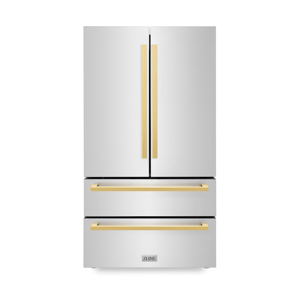 ZLINE Autograph Edition 36 in. 22.5 cu. ft 4-Door French Door Refrigerator with Ice Maker in Stainless Steel with Polished Gold Square Handles (RFMZ-36-FG)