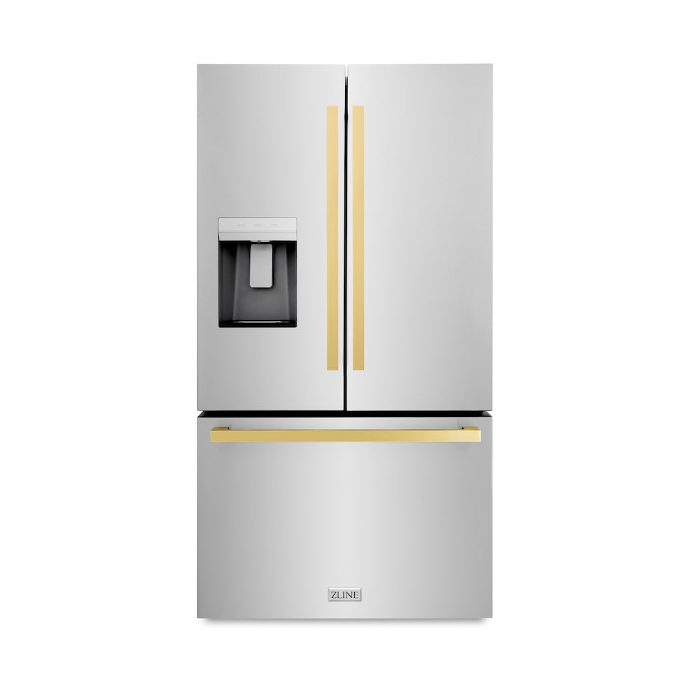 ZLINE Autograph Edition 36 in. 28.9 cu. ft. Standard-Depth French Door External Water Dispenser Refrigerator with Dual Ice Maker in Fingerprint Resistant Stainless Steel and Polished Gold Square Handles (RSMZ-W-36-FG)