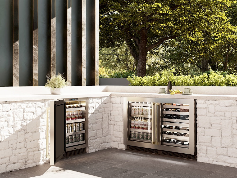 ZLINE Autograph Edition 24 in. Touchstone Dual Zone 44 Bottle Wine Cooler With Stainless Steel Glass Door And Champagne Bronze Handle (RWDOZ-GS-24-CB)