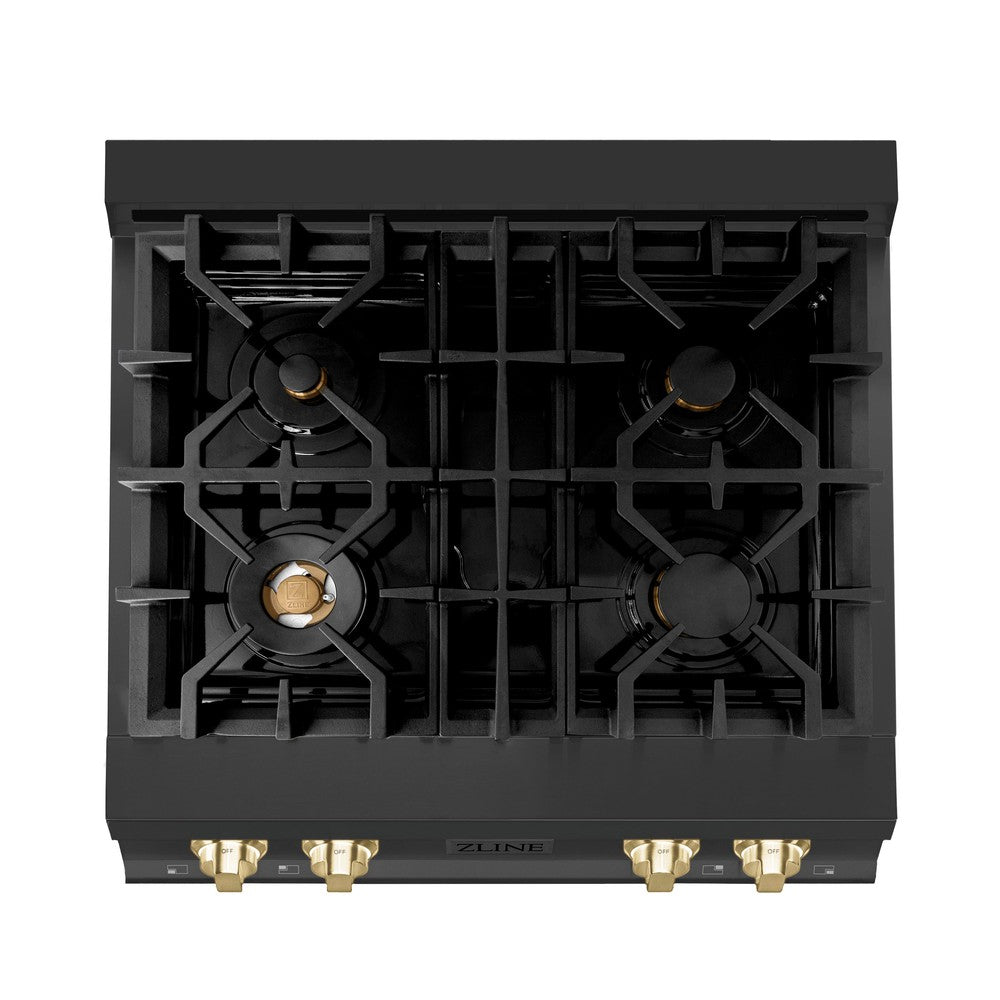 ZLINE Autograph Edition 30 in. Porcelain Rangetop with 4 Gas Burners in Black Stainless Steel and Polished Gold Accents (RTBZ-30-G)