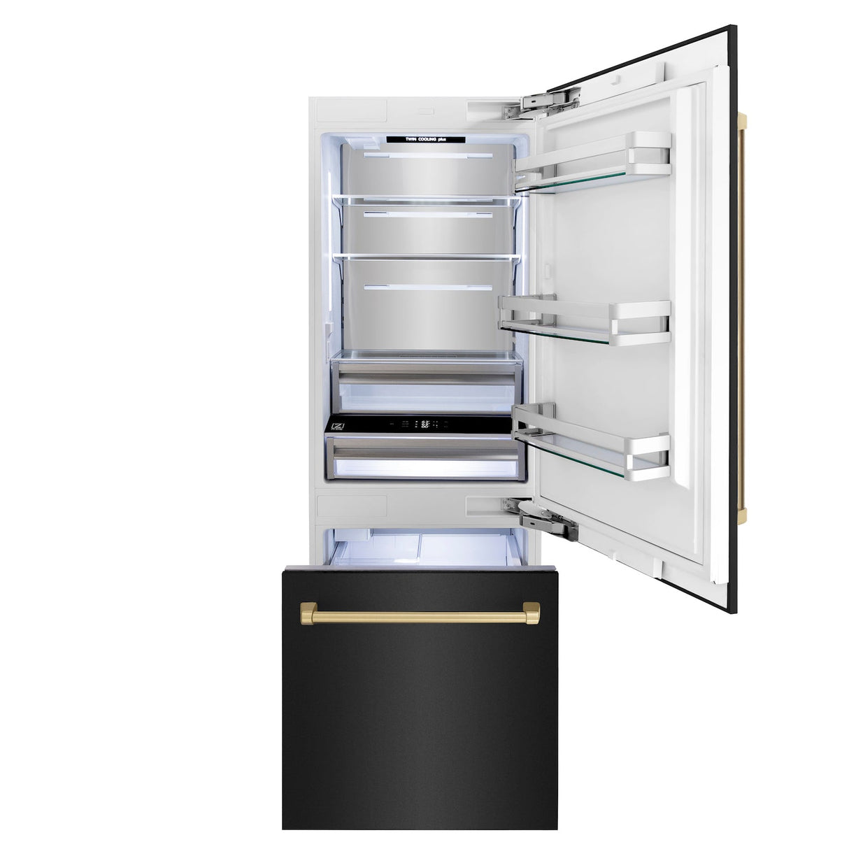 ZLINE 30 in. Autograph Edition 16.1 cu. ft. Built-in 2-Door Bottom Freezer Refrigerator with Internal Water and Ice Dispenser in Black Stainless Steel with Champagne Bronze Accents (RBIVZ-BS-30-CB)