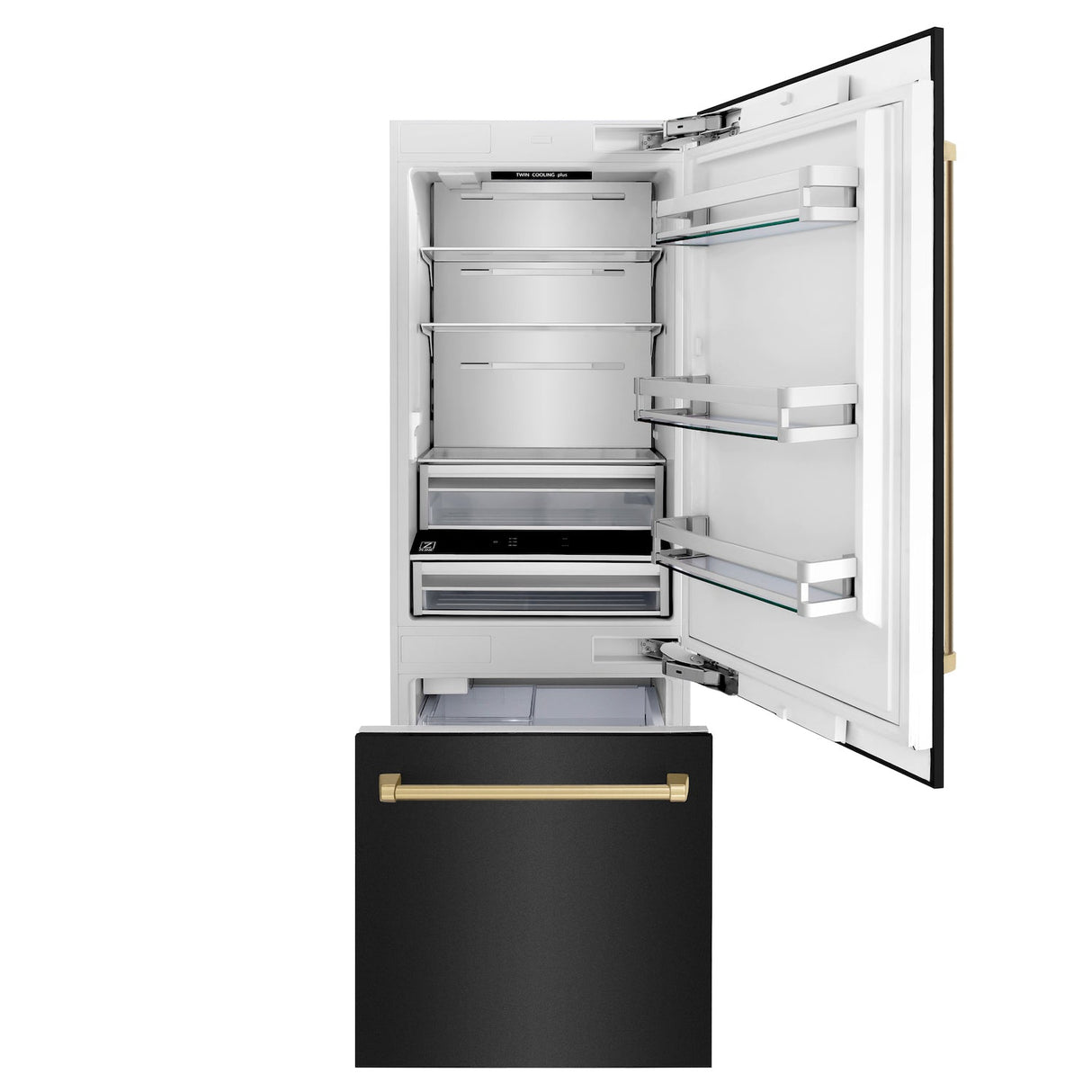 ZLINE 30 in. Autograph Edition 16.1 cu. ft. Built-in 2-Door Bottom Freezer Refrigerator with Internal Water and Ice Dispenser in Black Stainless Steel with Champagne Bronze Accents (RBIVZ-BS-30-CB)