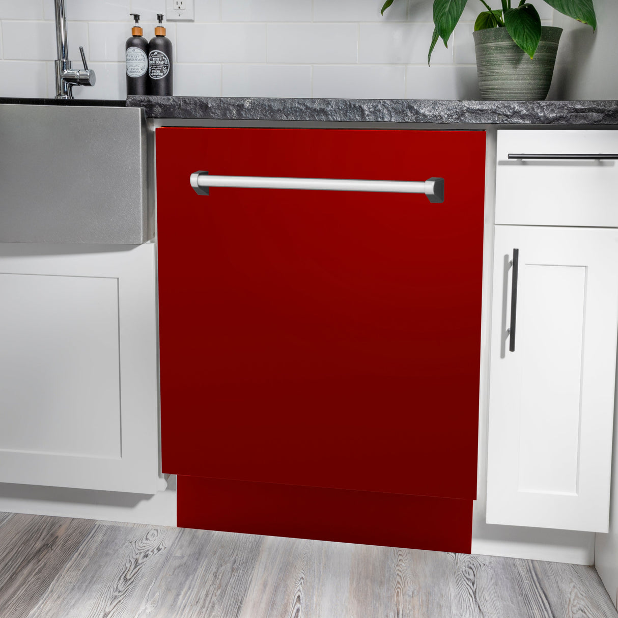 ZLINE 24" Tallac Series 3rd Rack Dishwasher with Red Gloss Panel and Traditional Handle, Color Panel Options, 51dBa (DWV-RG-24)