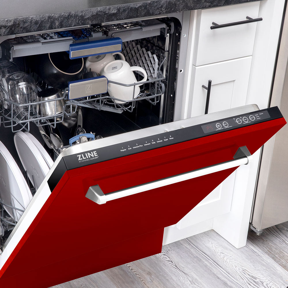 ZLINE 24" Tallac Series 3rd Rack Dishwasher with Red Gloss Panel and Traditional Handle, Color Panel Options, 51dBa (DWV-RG-24)