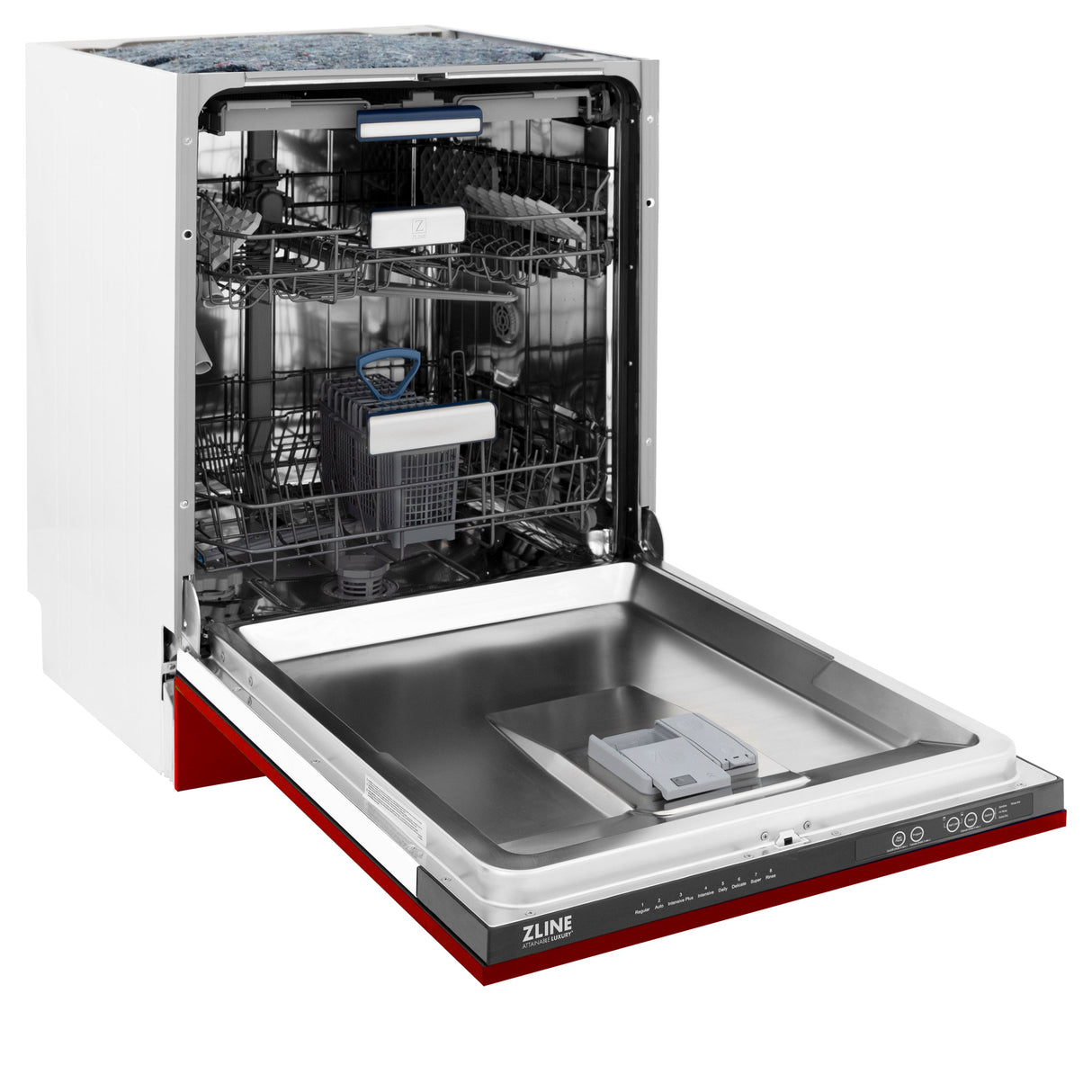 ZLINE 24" Tallac Series 3rd Rack Dishwasher with Red Gloss Panel and Traditional Handle, Color Panel Options, 51dBa (DWV-RG-24)