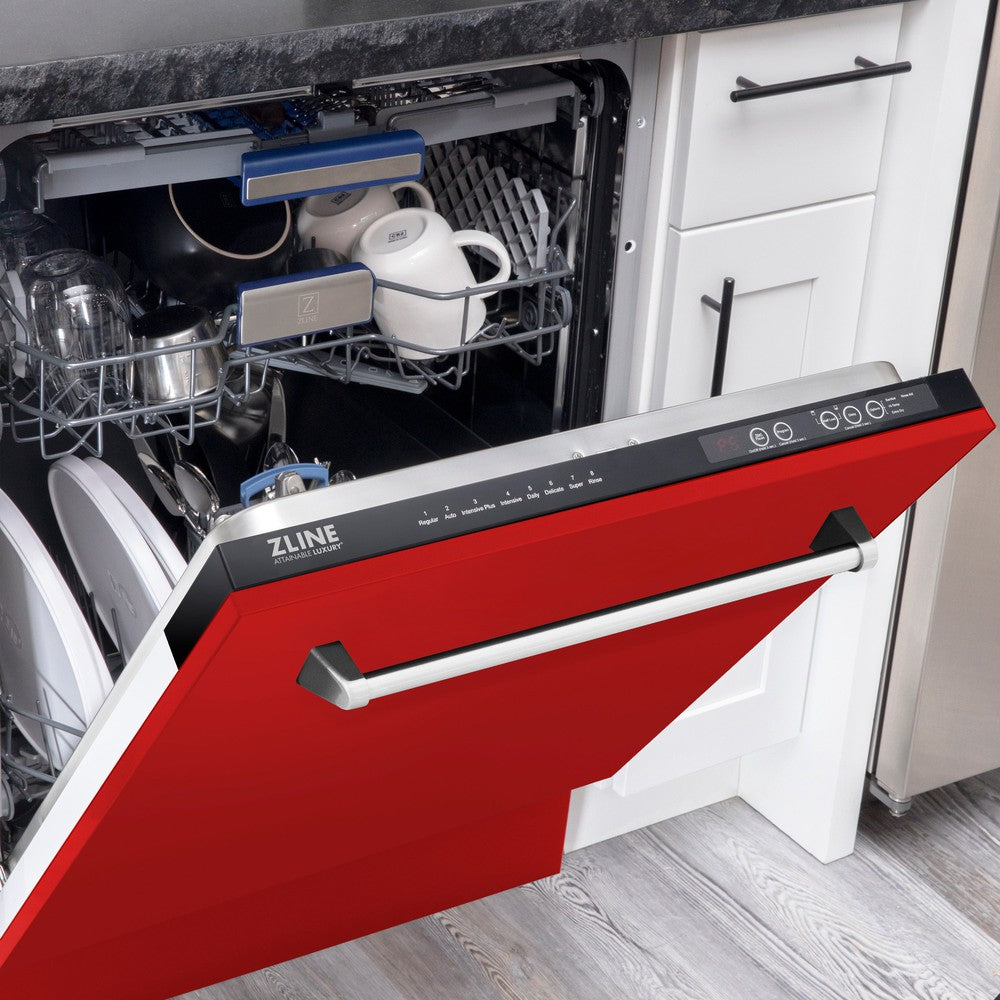 ZLINE 24" Tallac Series 3rd Rack Dishwasher with Red Matte Panel and Traditional Handle, 51dBa (DWV-RM-24)