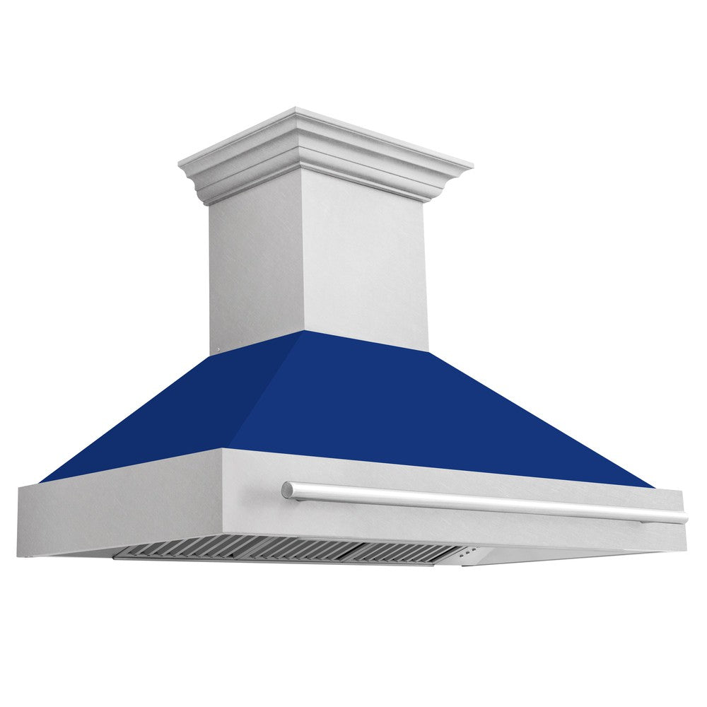 ZLINE 48 in. Fingerprint Resistant Stainless Steel Range Hood with Blue Gloss shell.