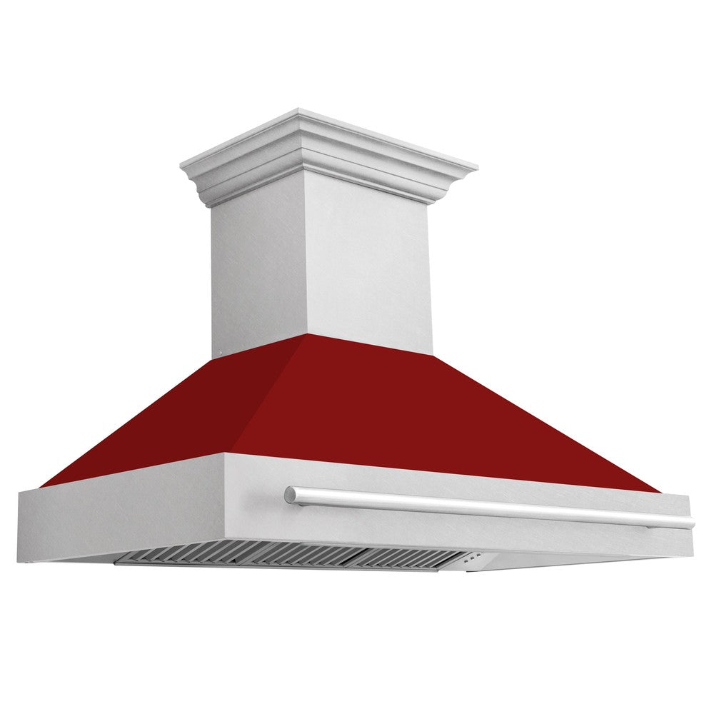 ZLINE 48 in. Fingerprint Resistant Stainless Steel Range Hood with Red Gloss shell.