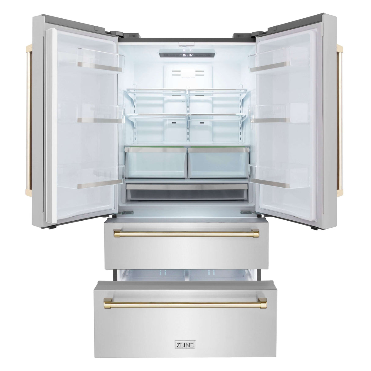 ZLINE 36 in. Autograph Edition Kitchen Package with Stainless Steel Dual Fuel Range, Range Hood, Dishwasher and Refrigeration with Polished Gold Accents (4KAPR-RARHDWM36-G)