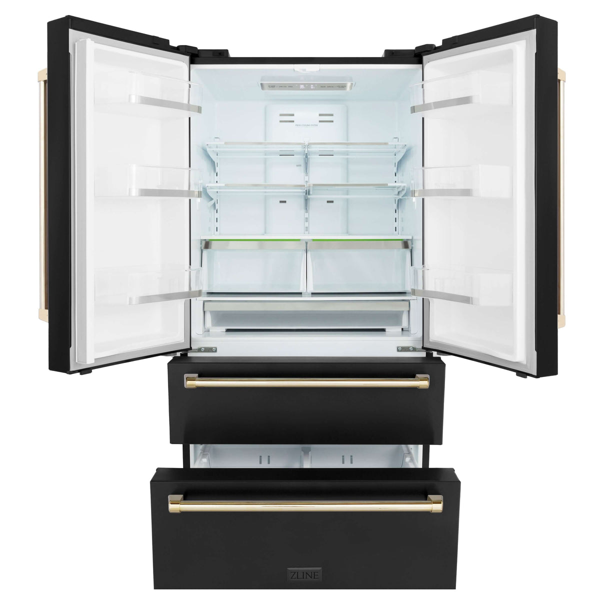 ZLINE 36 in. Autograph Edition Kitchen Package with Black Stainless Steel Dual Fuel Range, Range Hood, Dishwasher, and French Door Refrigerator with Polished Gold Accents (4AKPR-RABRHDWV36-G)