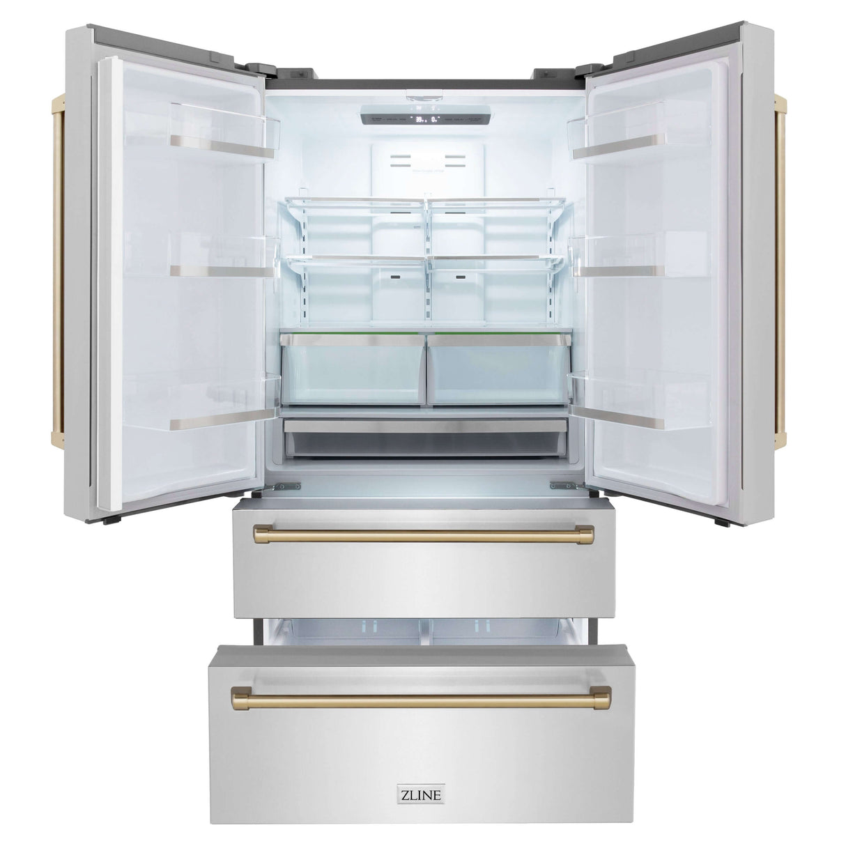 ZLINE 36 in. Autograph Edition Kitchen Package with Stainless Steel Dual Fuel Range, Range Hood, Dishwasher and Refrigeration with Champagne Bronze Accents (4KAPR-RARHDWM36-CB)