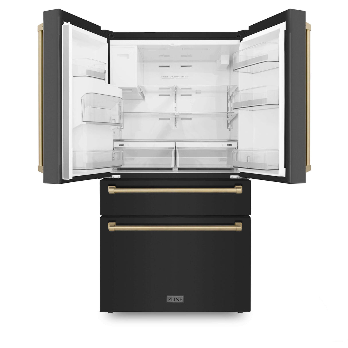 ZLINE Autograph Edition Kitchen Package with Black Stainless Steel with Champagne Bronze Accents 30 in. Dual Fuel Range, 30 in. Range Hood, 24 in. Dishwasher, and 36 in. French Door Refrigerator with External Water Dispenser (4AKPR-RABRHDWV30-CB)