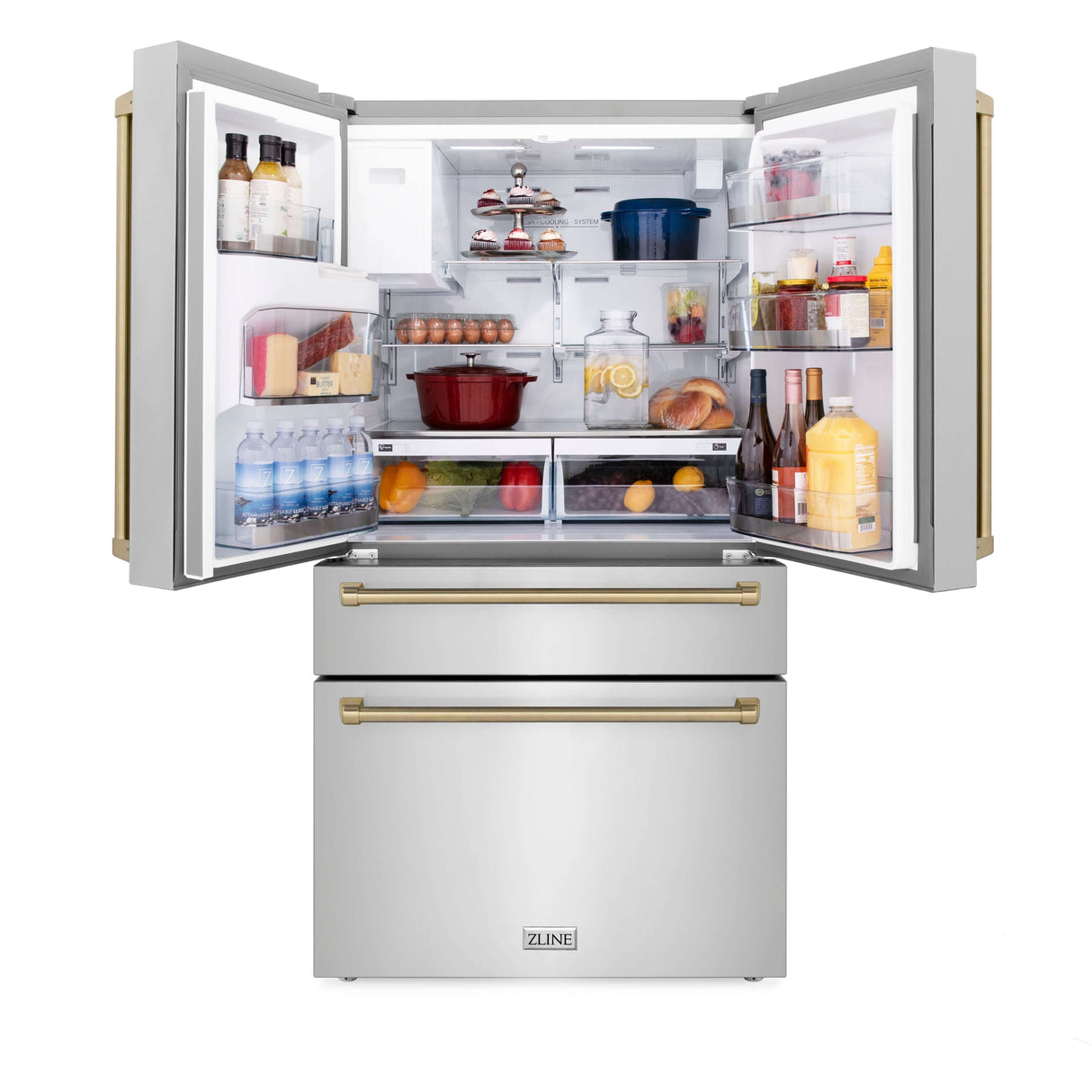 ZLINE 48 in. Autograph Edition Kitchen Package with Stainless Steel Dual Fuel Range, Range Hood, Dishwasher and Refrigeration Including External Water Dispenser with Champagne Bronze Accents (4AKPR-RARHDWM48-CB)