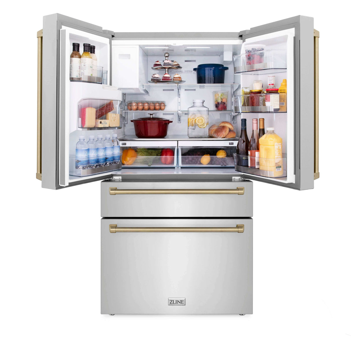 ZLINE 30 in. Autograph Edition Kitchen Package with Stainless Steel Dual Fuel Range, Range Hood, Dishwasher and French Door Refrigerator with External Water Dispenser and Champagne Bronze Accents (4AKPR-RARHDWM30-CB)