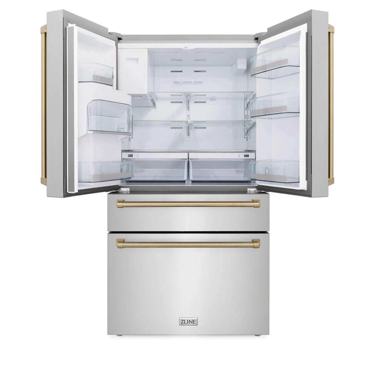 ZLINE 30 in. Autograph Edition Kitchen Package with Stainless Steel Dual Fuel Range, Range Hood, Dishwasher and French Door Refrigerator with External Water Dispenser and Champagne Bronze Accents (4AKPR-RARHDWM30-CB)