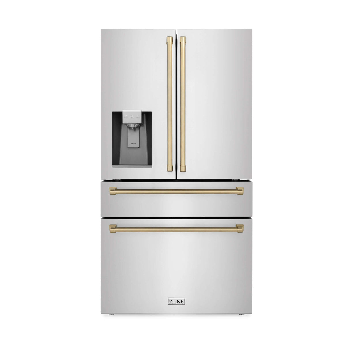ZLINE 30 in. Autograph Edition Kitchen Package with Stainless Steel Dual Fuel Range, Range Hood, Dishwasher and French Door Refrigerator with External Water Dispenser and Champagne Bronze Accents (4AKPR-RARHDWM30-CB)