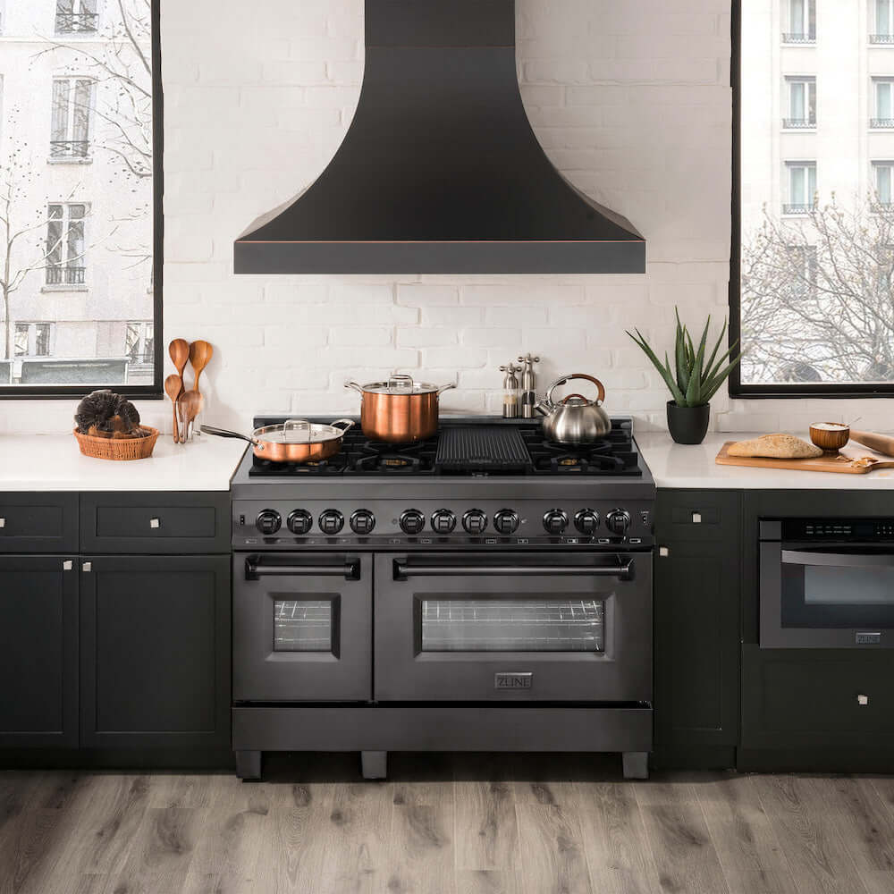 ZLINE 48 in. 6.0 cu. ft. Dual Fuel Range with Gas Stove and Electric Oven in Black Stainless Steel with Brass Burners (RAB-BR-48)