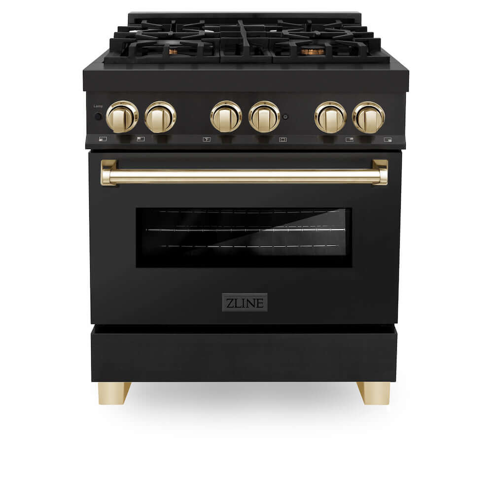 ZLINE Autograph Edition 30 in. 4.0 cu. ft. Dual Fuel Range with Gas Stove and Electric Oven in Black Stainless Steel with Polished Gold Accents (RABZ-30-G)
