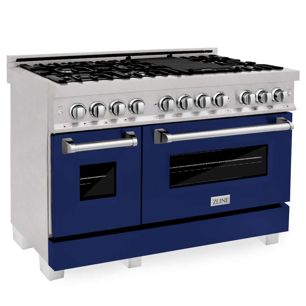 ZLINE 48 in. Fingerprint Resistant Stainless Steel 6.0 cu.ft. 7 Gas Burner/Electric Oven Range with Blue Gloss Door (RAS-BG-48)
