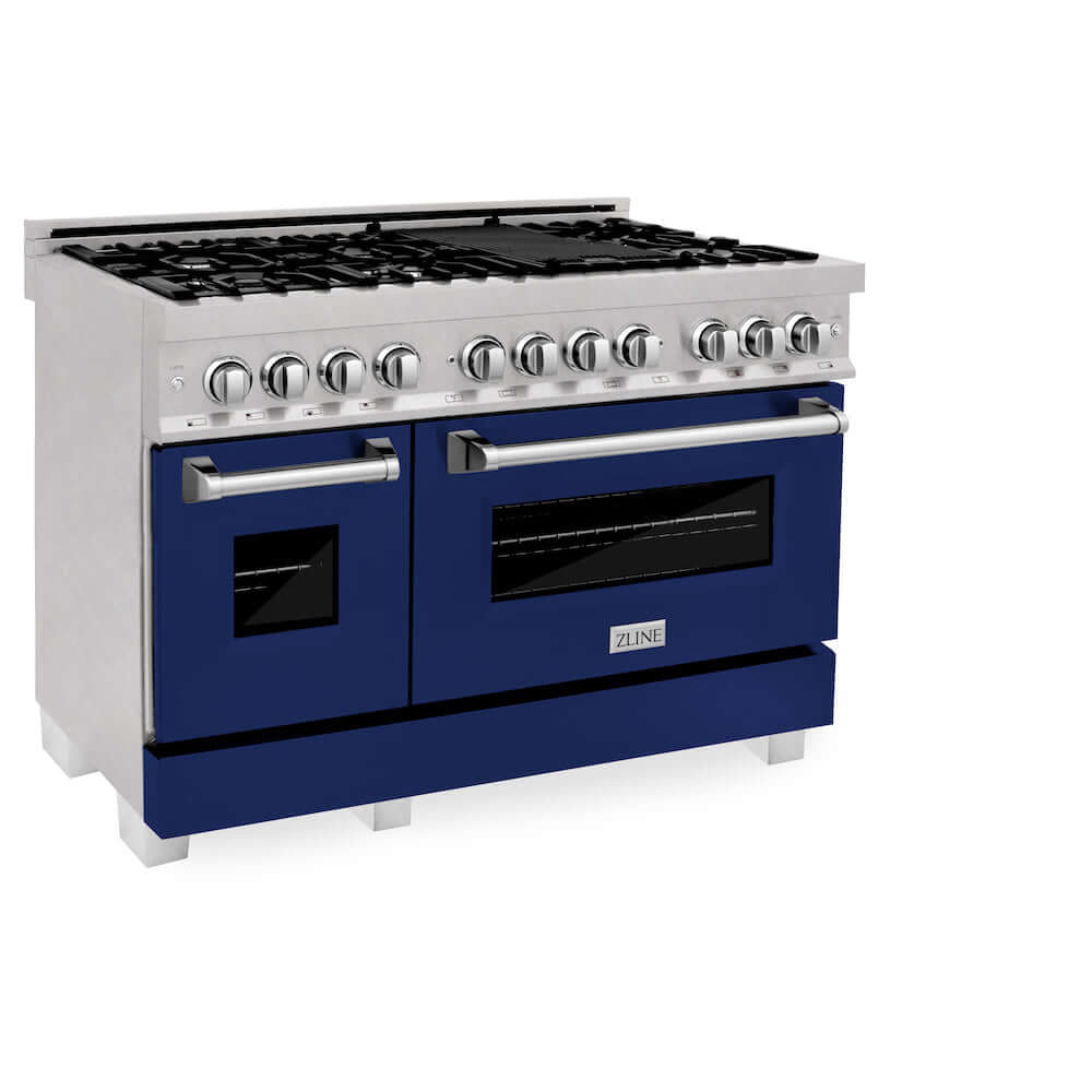 ZLINE 48 in. Fingerprint Resistant Stainless Steel 6.0 cu.ft. 7 Gas Burner/Electric Oven Range with Blue Gloss Door (RAS-BG-48)