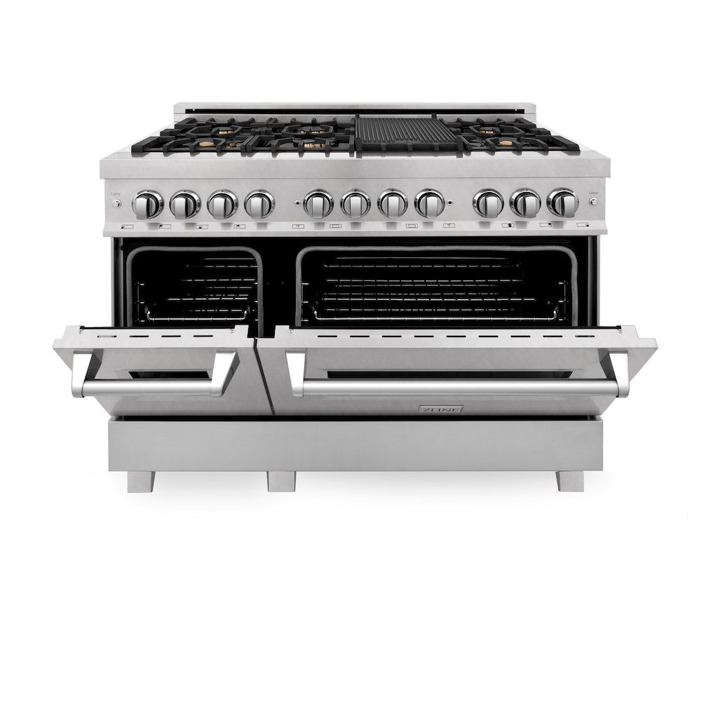 ZLINE 48 in. 6.0 cu. ft. Dual Fuel Range with Gas Stove and Electric Oven in Fingerprint Resistant Stainless Steel and Brass Burners (RAS-SN-BR-48)