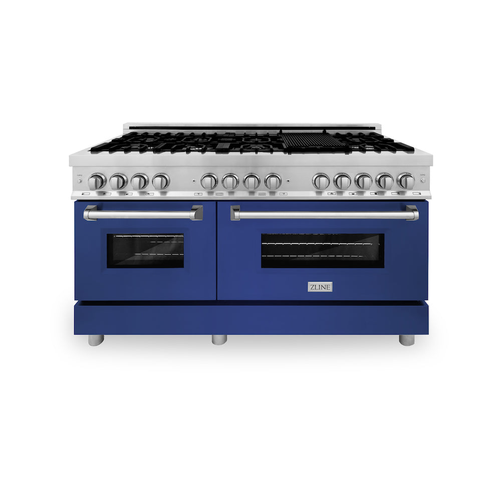 ZLINE 60 in. 7.4 cu. ft. Dual Fuel Range with Gas Stove and Electric Oven in Stainless Steel with Blue Matte Doors (RA-BM-60)