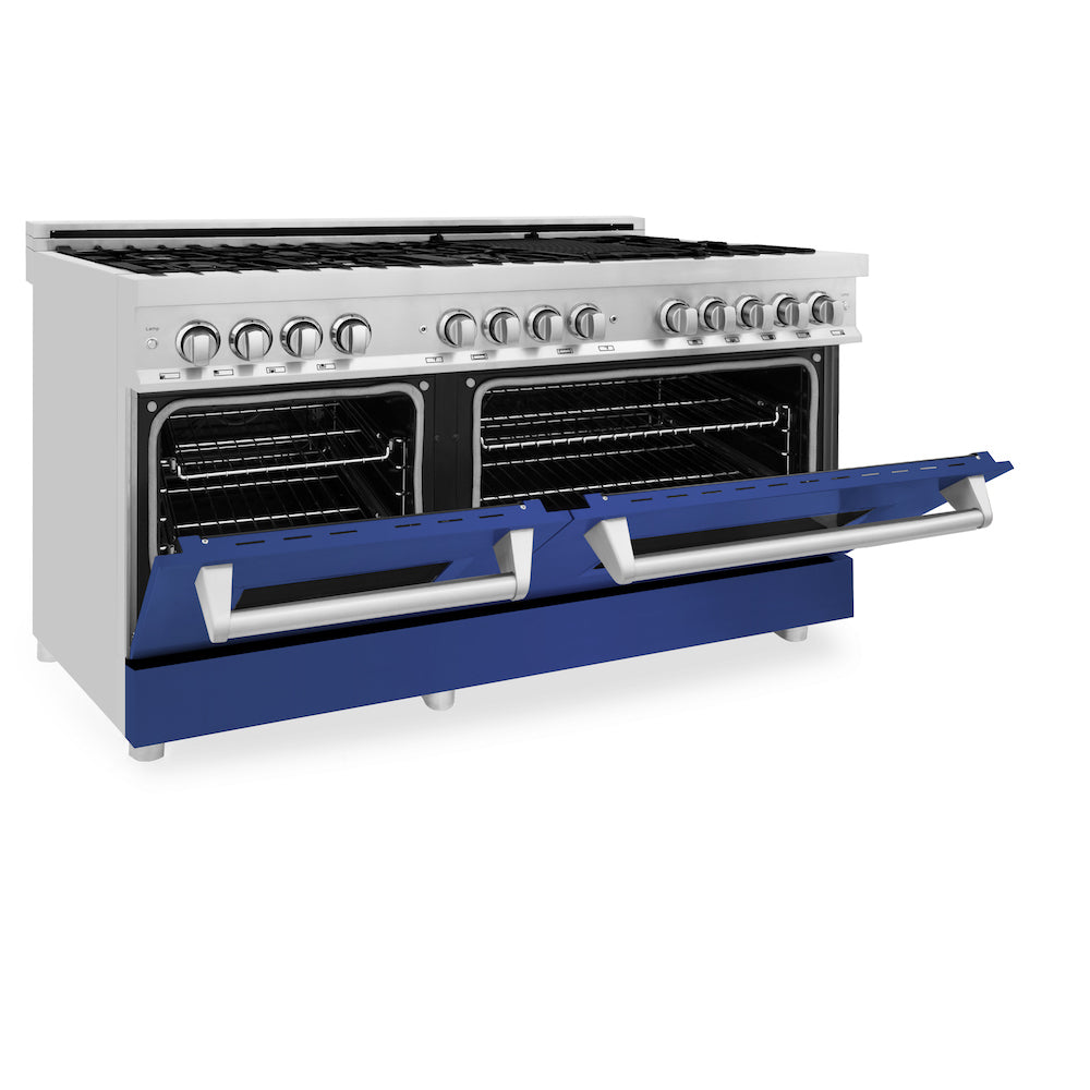ZLINE 60 in. 7.4 cu. ft. Dual Fuel Range with Gas Stove and Electric Oven in Stainless Steel with Blue Matte Doors (RA-BM-60)