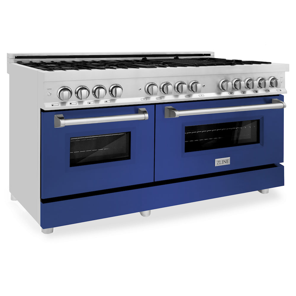 ZLINE 60 in. 7.4 cu. ft. Dual Fuel Range with Gas Stove and Electric Oven in Stainless Steel with Blue Matte Doors (RA-BM-60)