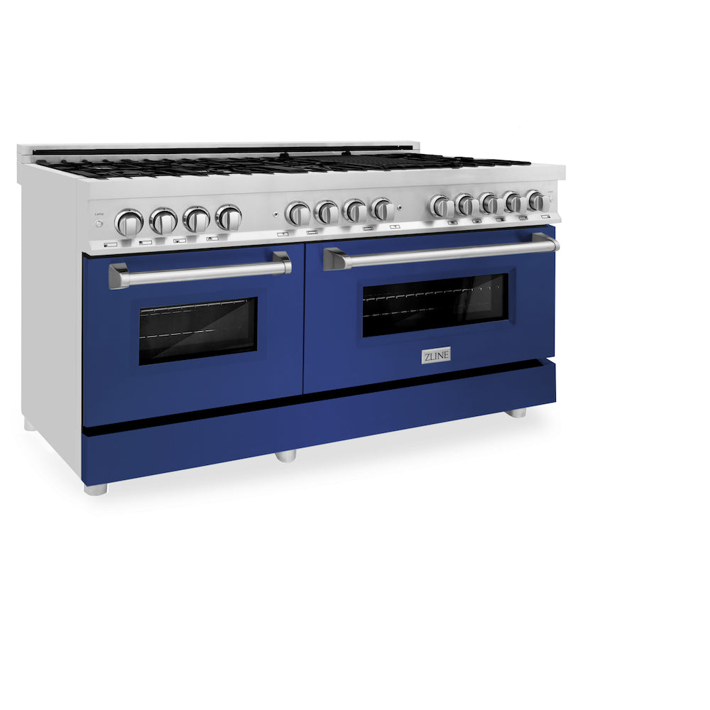 ZLINE 60 in. 7.4 cu. ft. Dual Fuel Range with Gas Stove and Electric Oven in Stainless Steel with Blue Matte Doors (RA-BM-60)