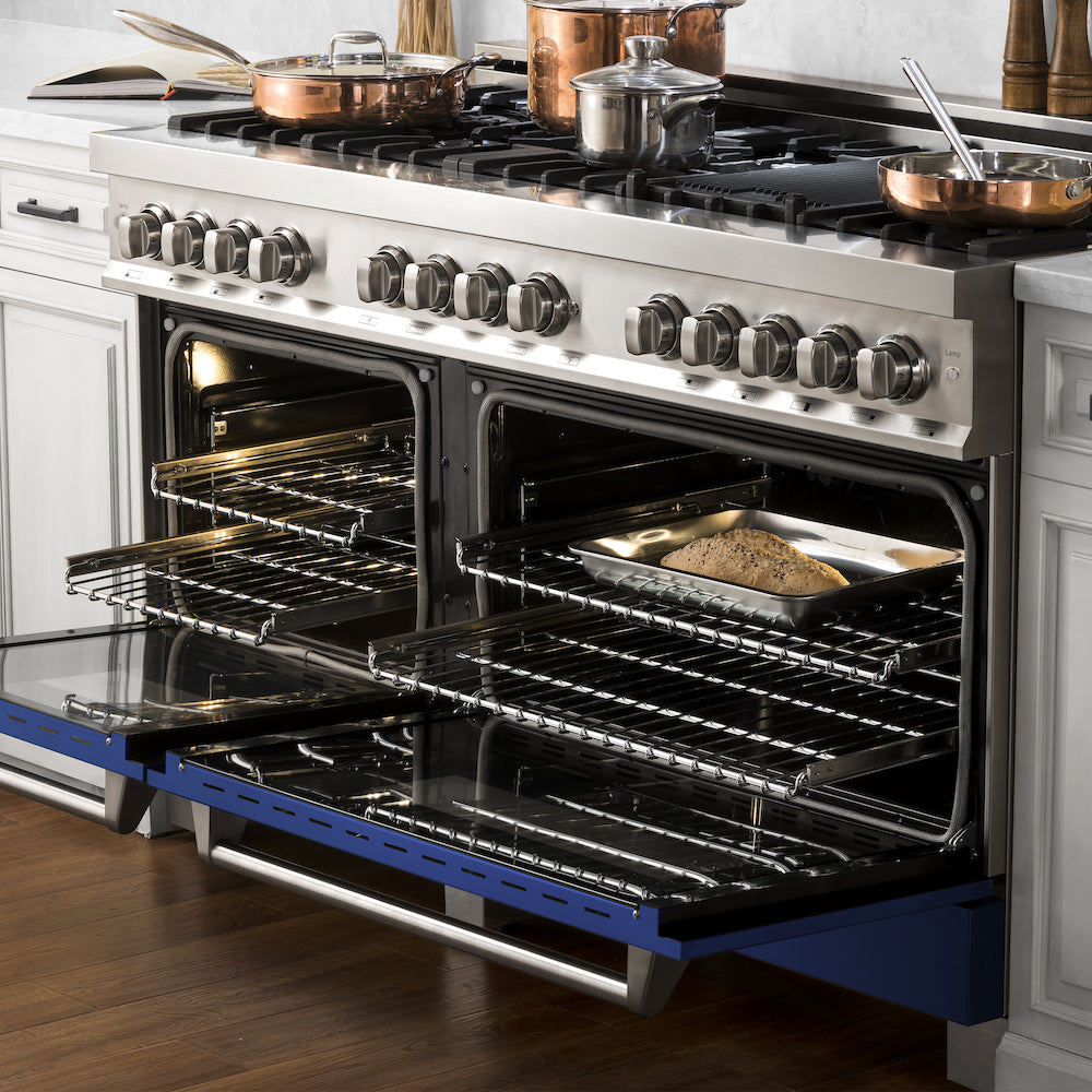 ZLINE 60 in. 7.4 cu. ft. Dual Fuel Range with Gas Stove and Electric Oven in Stainless Steel with Blue Matte Doors (RA-BM-60)