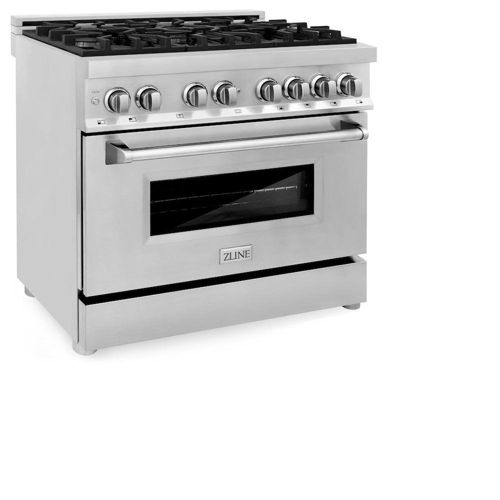 ZLINE Kitchen Package with Refrigeration, 36 in. Stainless Steel Dual Fuel Range, 36 in. Convertible Vent Range Hood and 24 in. Tall Tub Dishwasher (4KPR-RARH36-DWV)