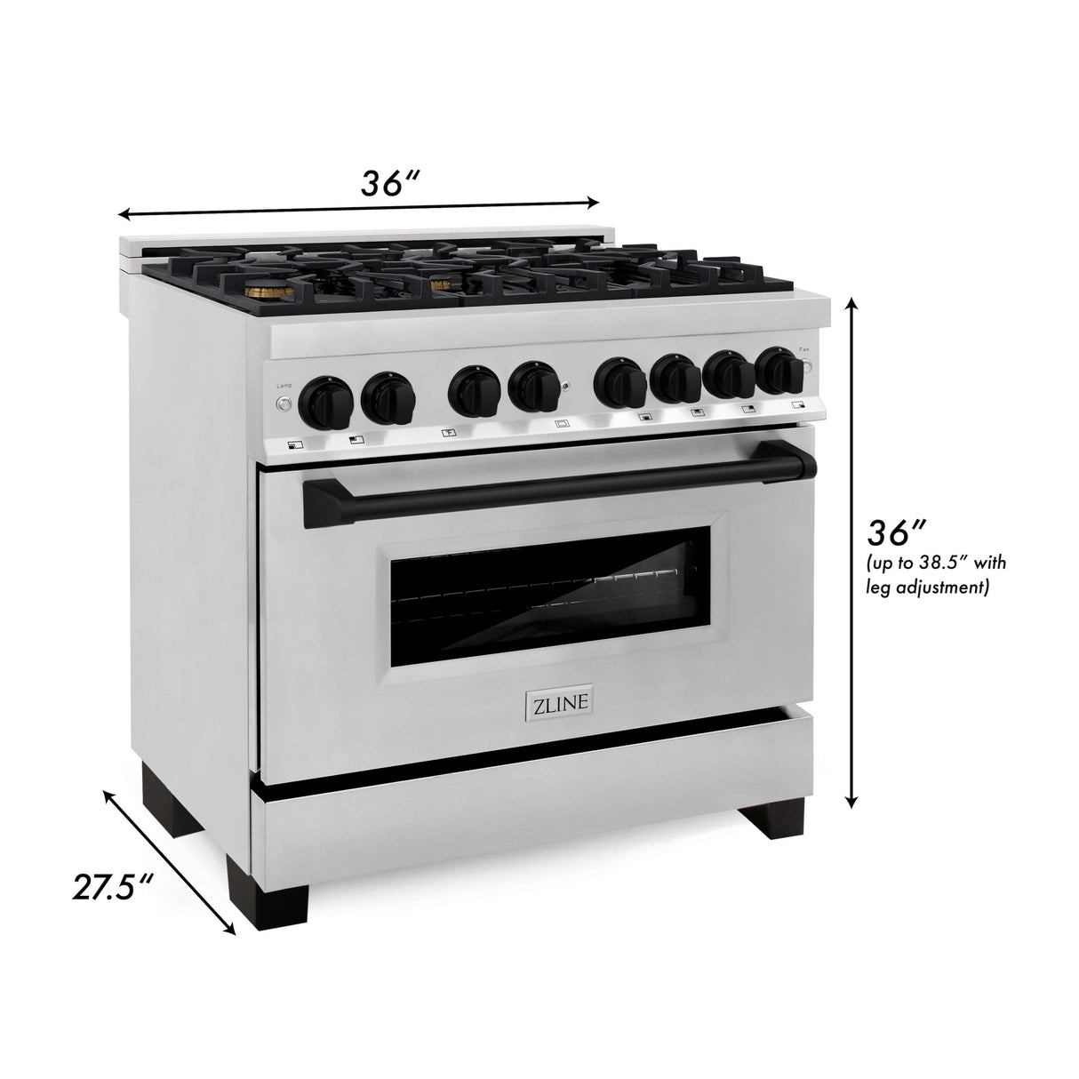 ZLINE 36 in. Autograph Edition Kitchen Package with Stainless Steel Dual Fuel Range, Range Hood, Dishwasher and Refrigeration Including External Water Dispenser with Matte Black Accents (4AKPR-RARHDWM36-MB)