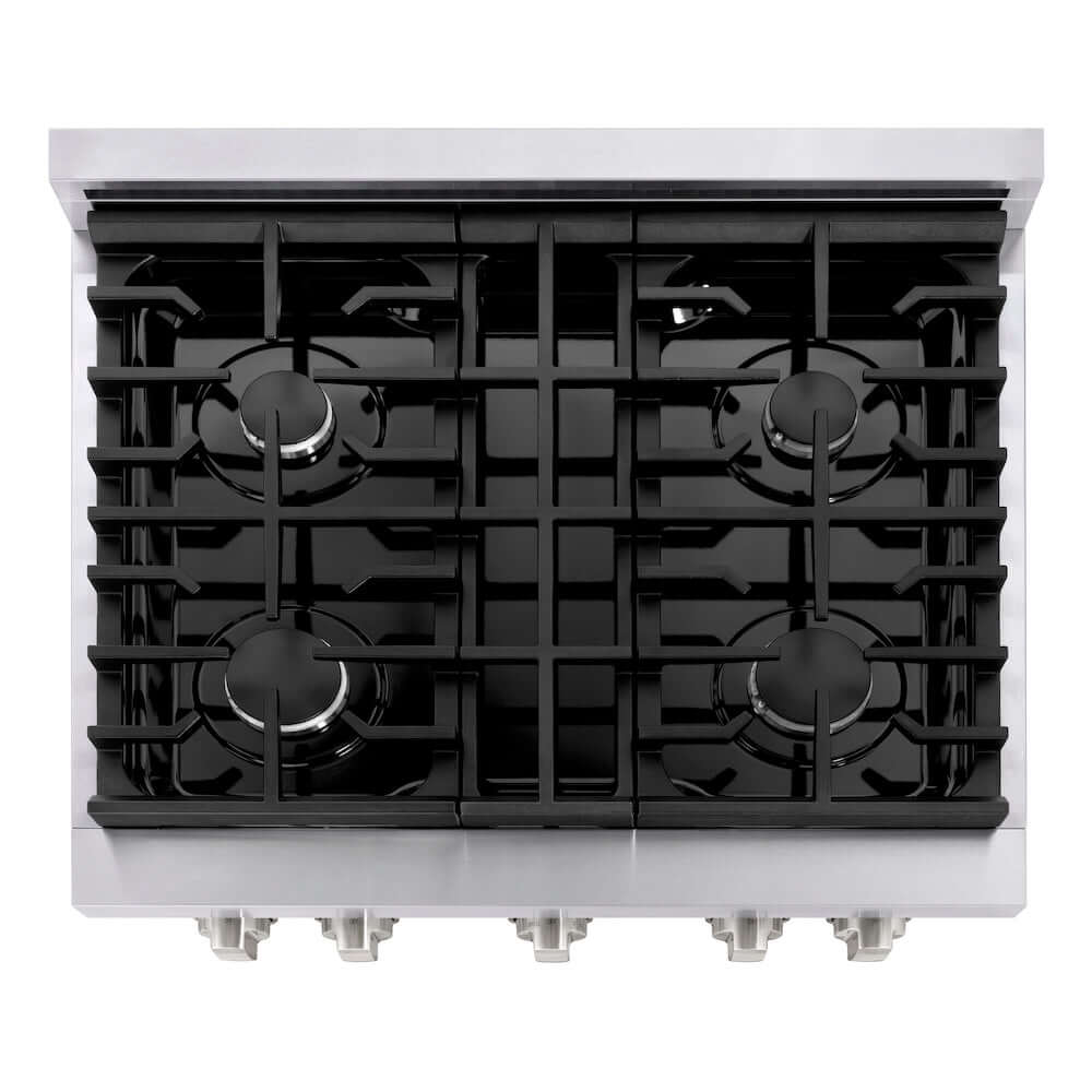 ZLINE Kitchen Package with Stainless Steel 36 in. French Door Refrigerator, 30 in. Gas Range, 30 in. Range Hood, 24 in. Microwave Drawer, and 24 in. Tall Tub Dishwasher (5KPR-SGRRH30-MWDWV)