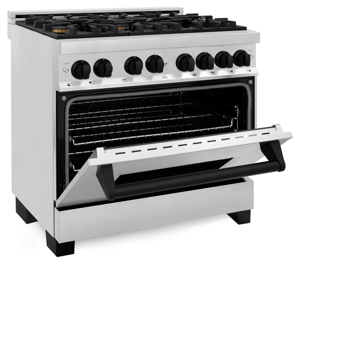 ZLINE 36 in. Autograph Edition Kitchen Package with Stainless Steel Dual Fuel Range, Range Hood, Dishwasher and Refrigeration Including External Water Dispenser with Matte Black Accents (4AKPR-RARHDWM36-MB)